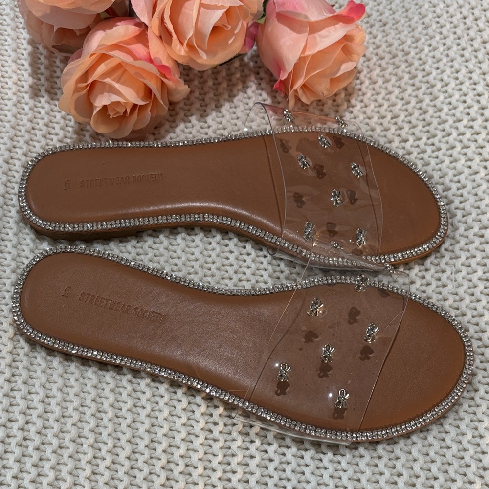 NWOT Streetwear Society Tan Sandals with Clear Rhinestone Straps & Bow Design